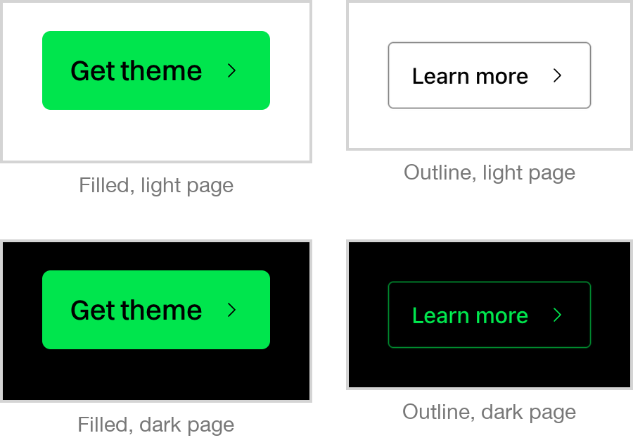 A pale accent: filled buttons keep the colour on both pages; the outline button turns dark on a light page and stays in colour on a dark one