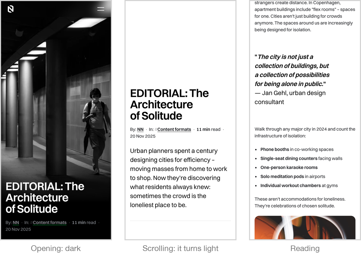 Hybrid mode on a phone: the post opens dark behind the hero and is light by the time you are reading