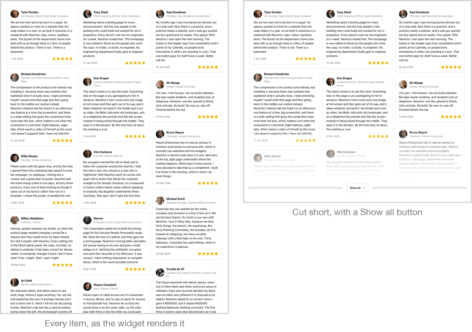 A testimonial wall at its full height, next to the same wall cut short with a Show all button