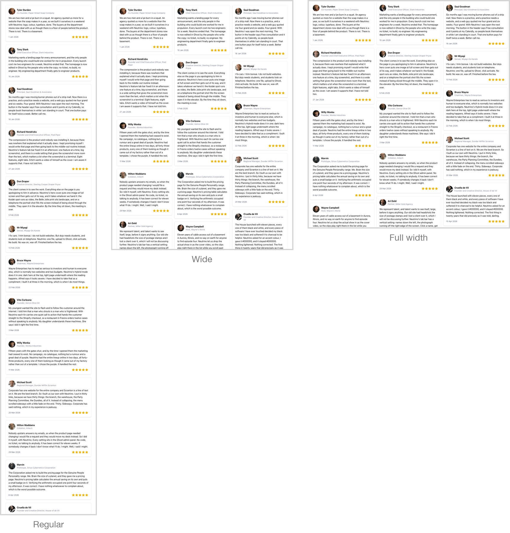 The same testimonial wall at regular, wide and full width, drawn to scale: the wider it is, the shorter it gets