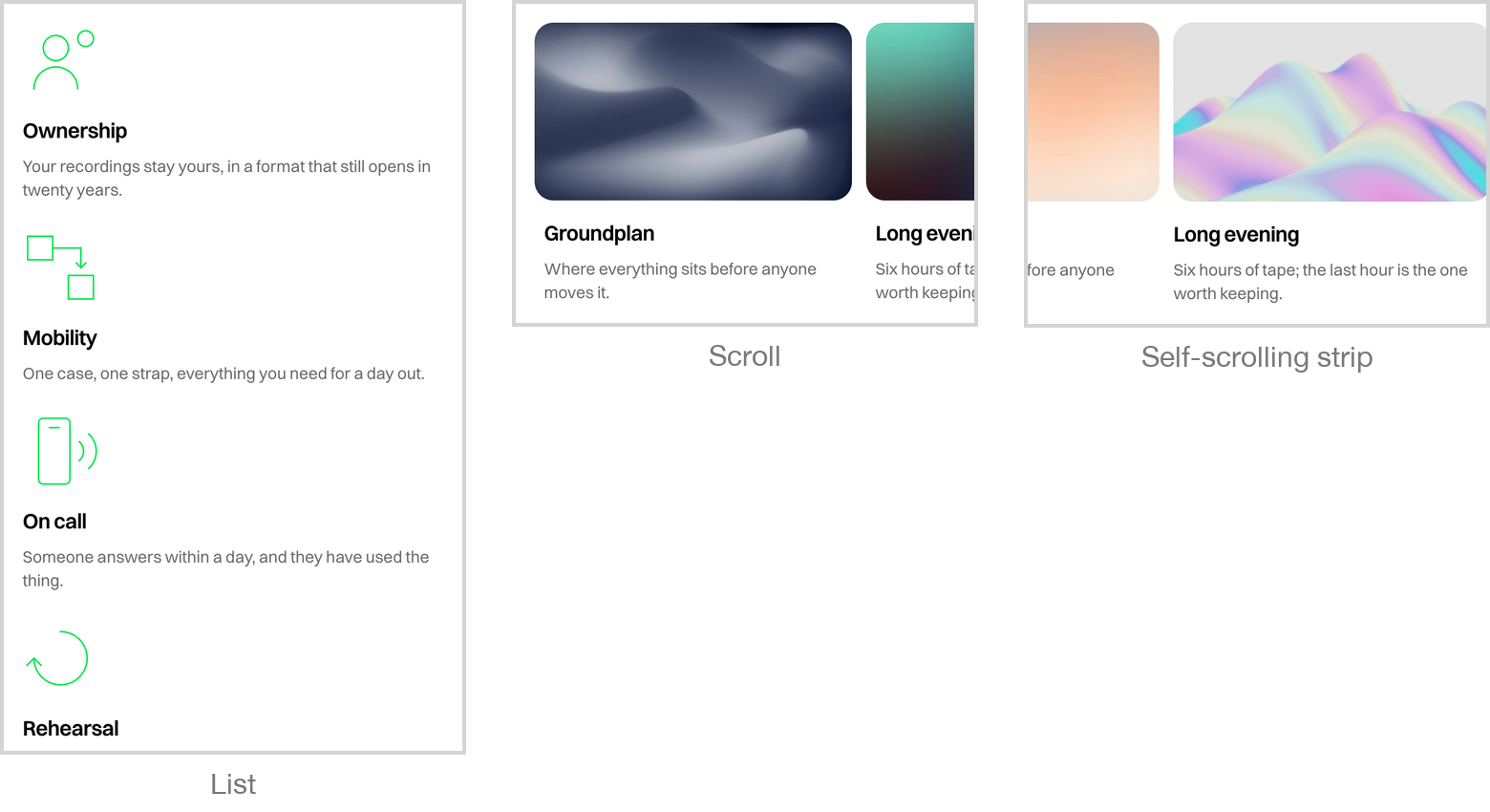 A feature grid on a phone in its three layouts: a list, a sideways scroll, and a self-scrolling strip