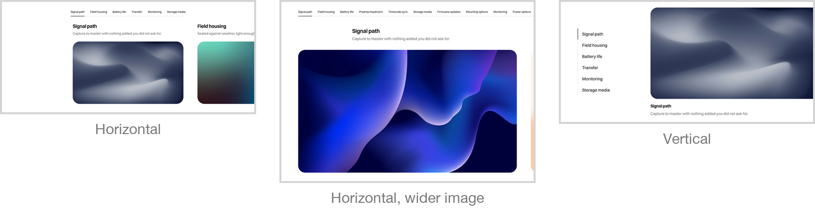 The feature tab bar in its three arrangements: horizontal, horizontal with a wider image, and vertical