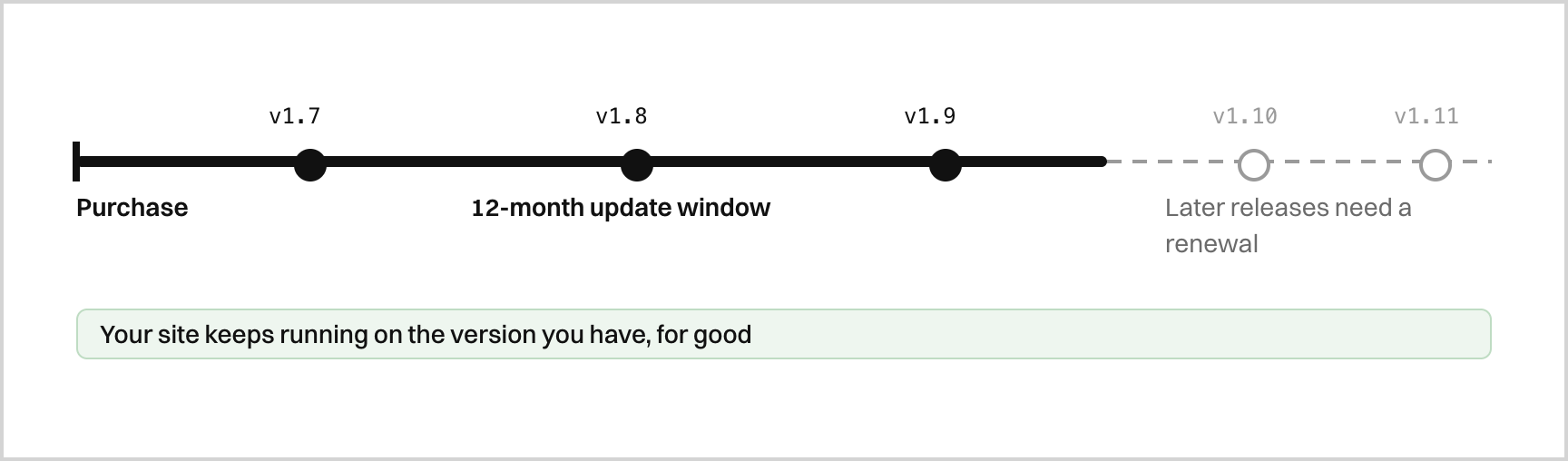 A 12-month update window: releases inside it are yours for good, later ones need a renewal, and the site keeps running throughout