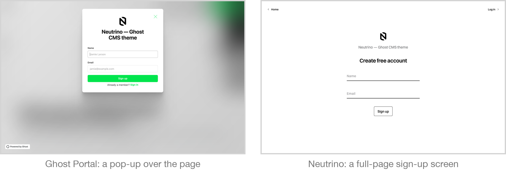 Ghost Portal as a pop-up over the page, next to Neutrino's full-page sign-up screen