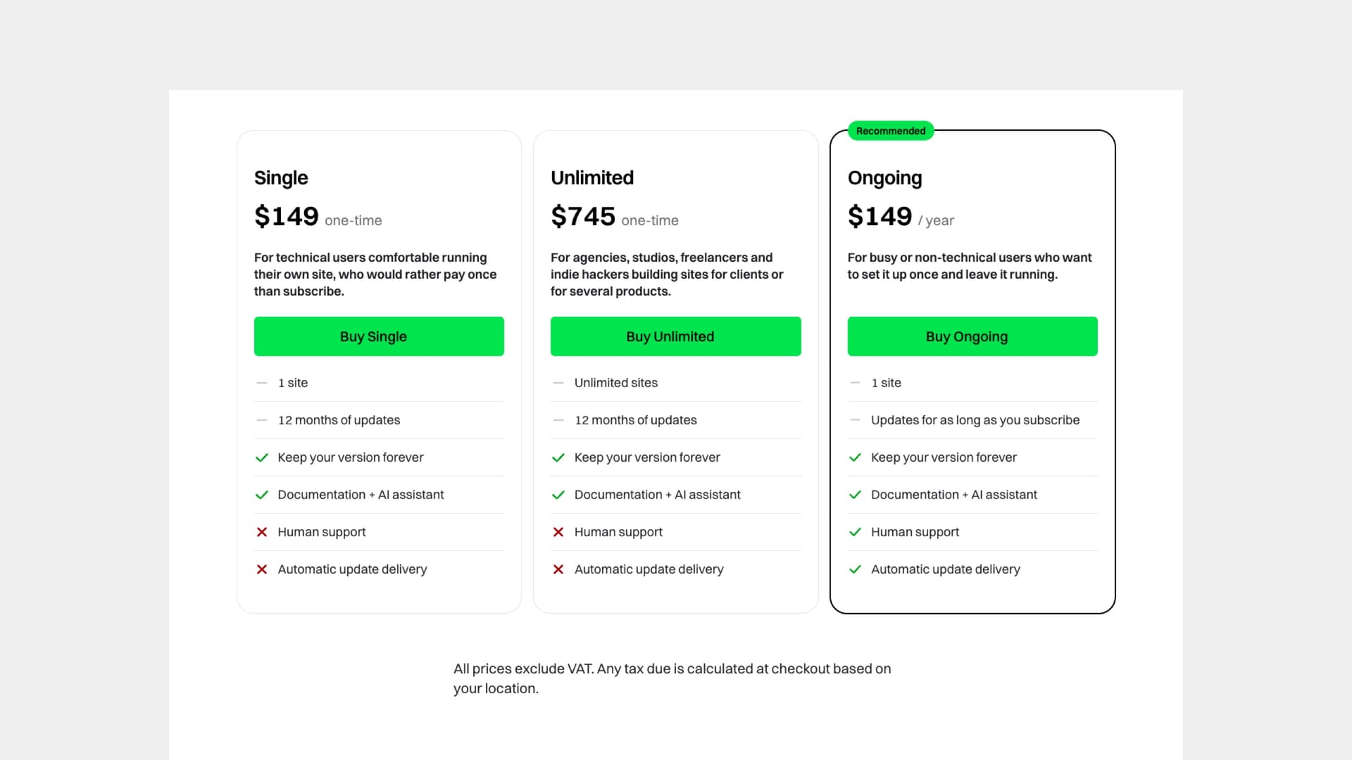 Pricing table