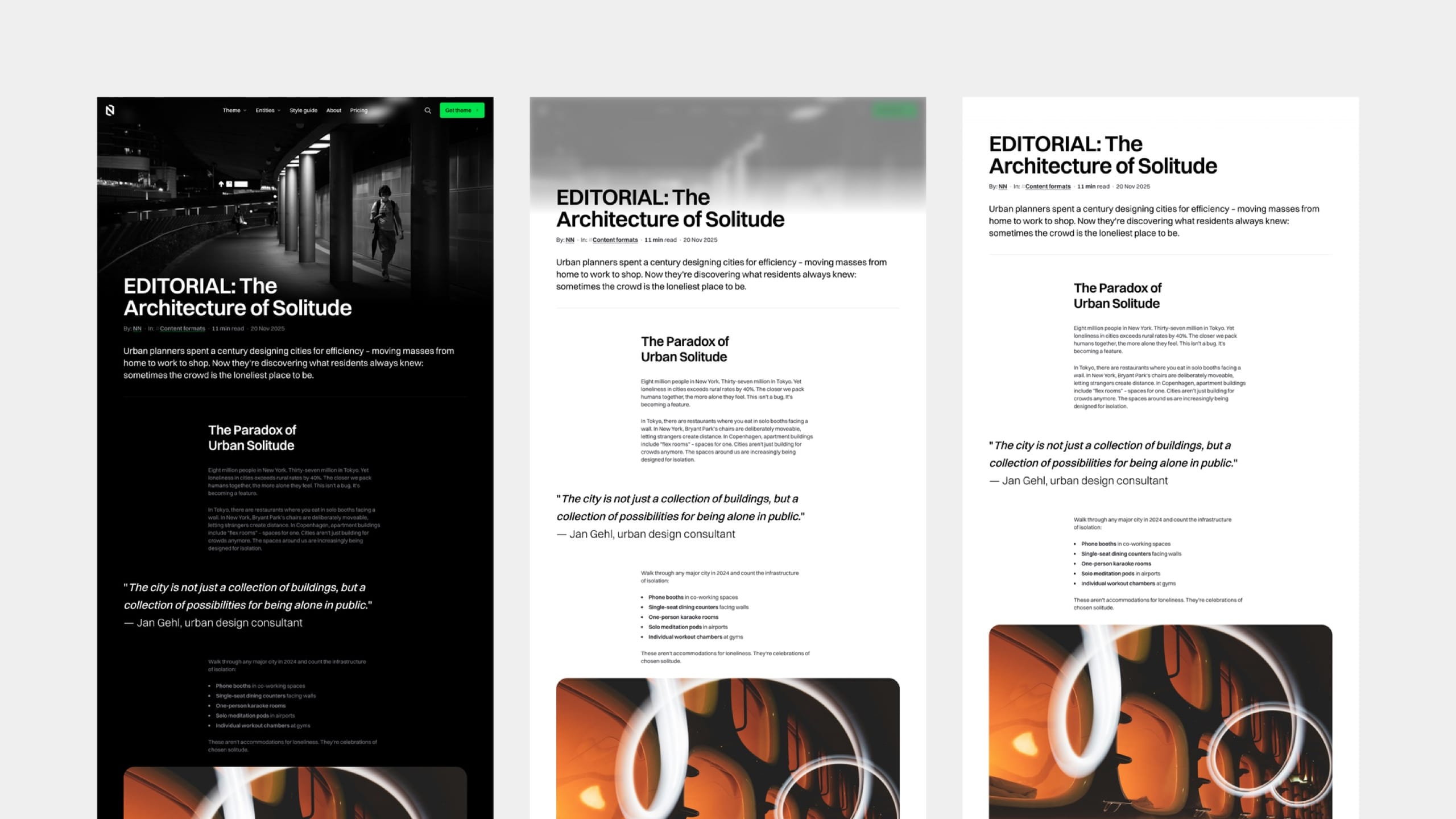 One Neutrino page in light, dark and hybrid colour schemes