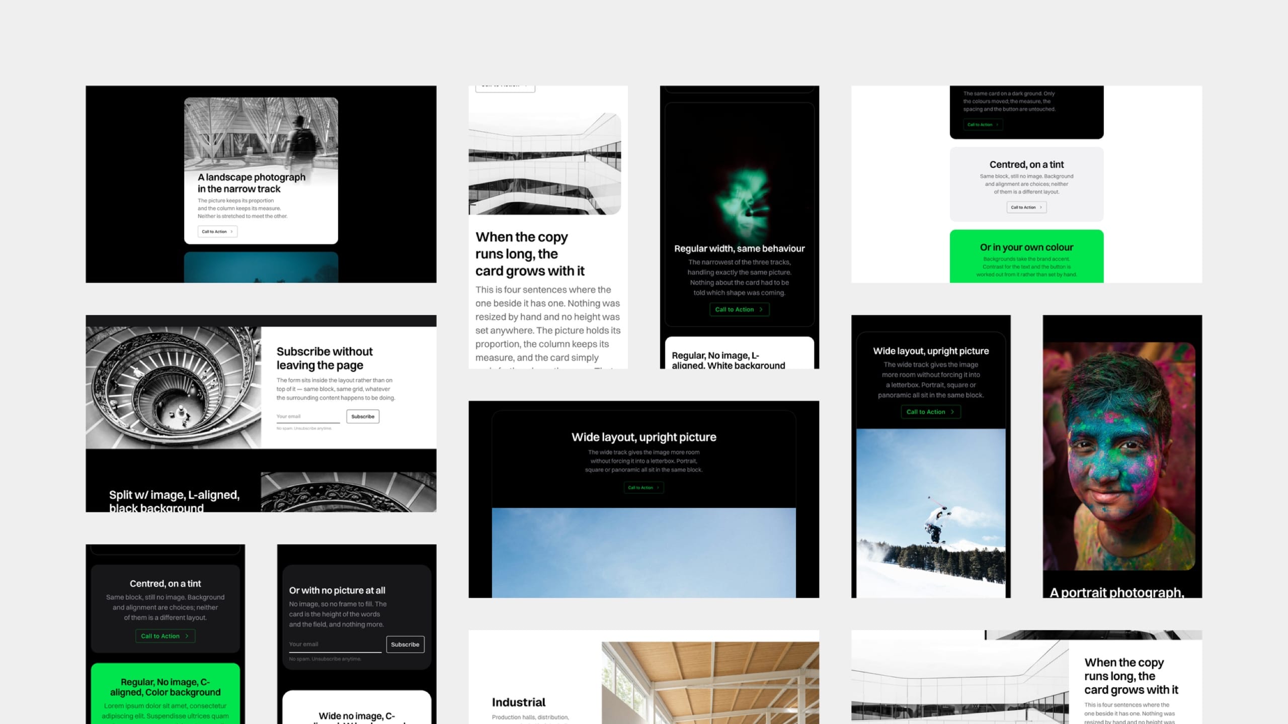 A mosaic of Ghost header and signup cards as Neutrino styles them