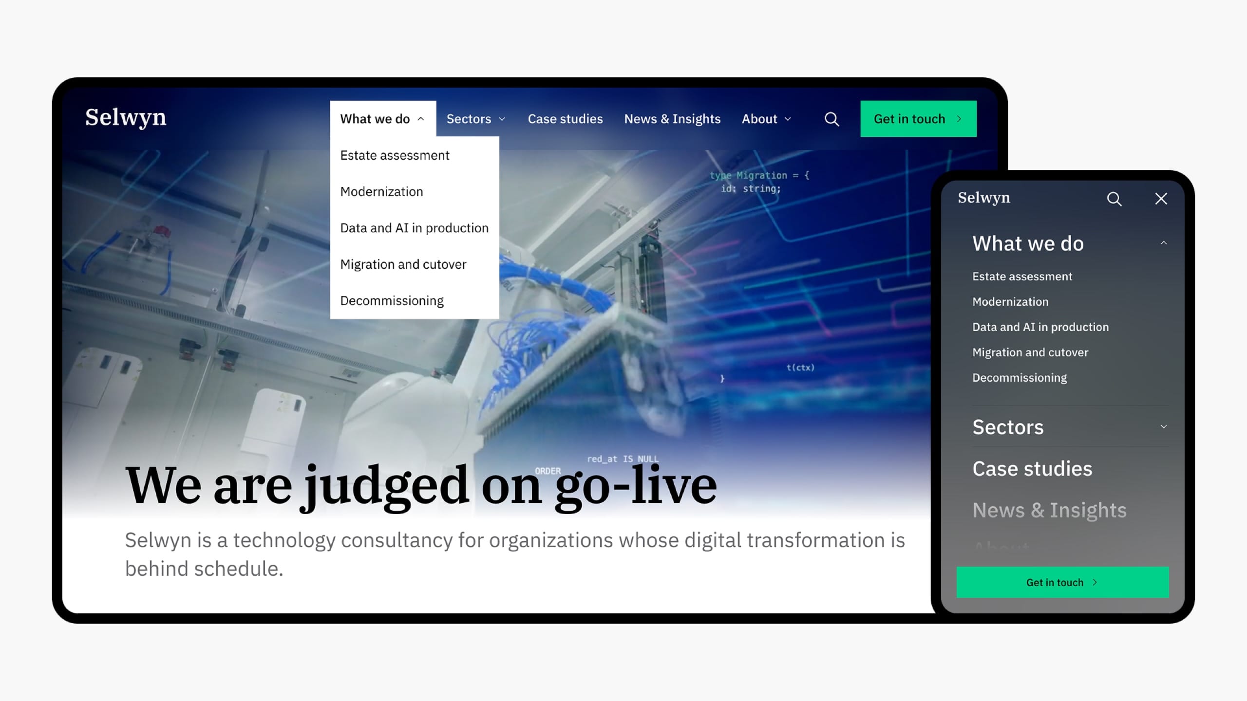 Neutrino header navigation with fly-out menus, on desktop and in the phone menu