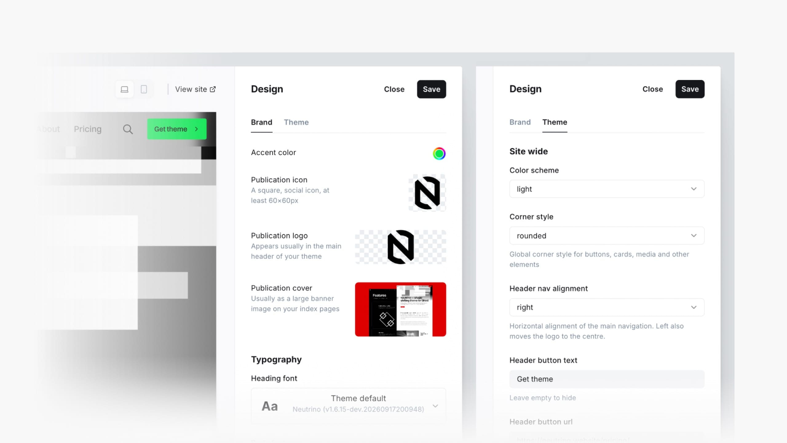 An overview of what Neutrino's theme settings change across a site